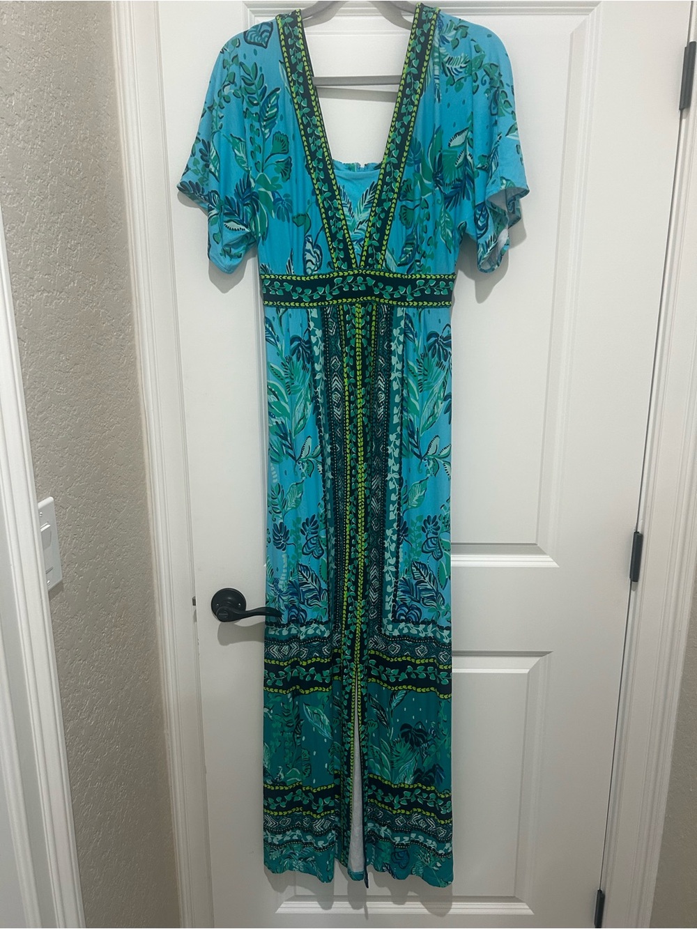 Lilly Pulitzer Turquoise Floral V-Neck Maxi Dress with Flutter Sleeves